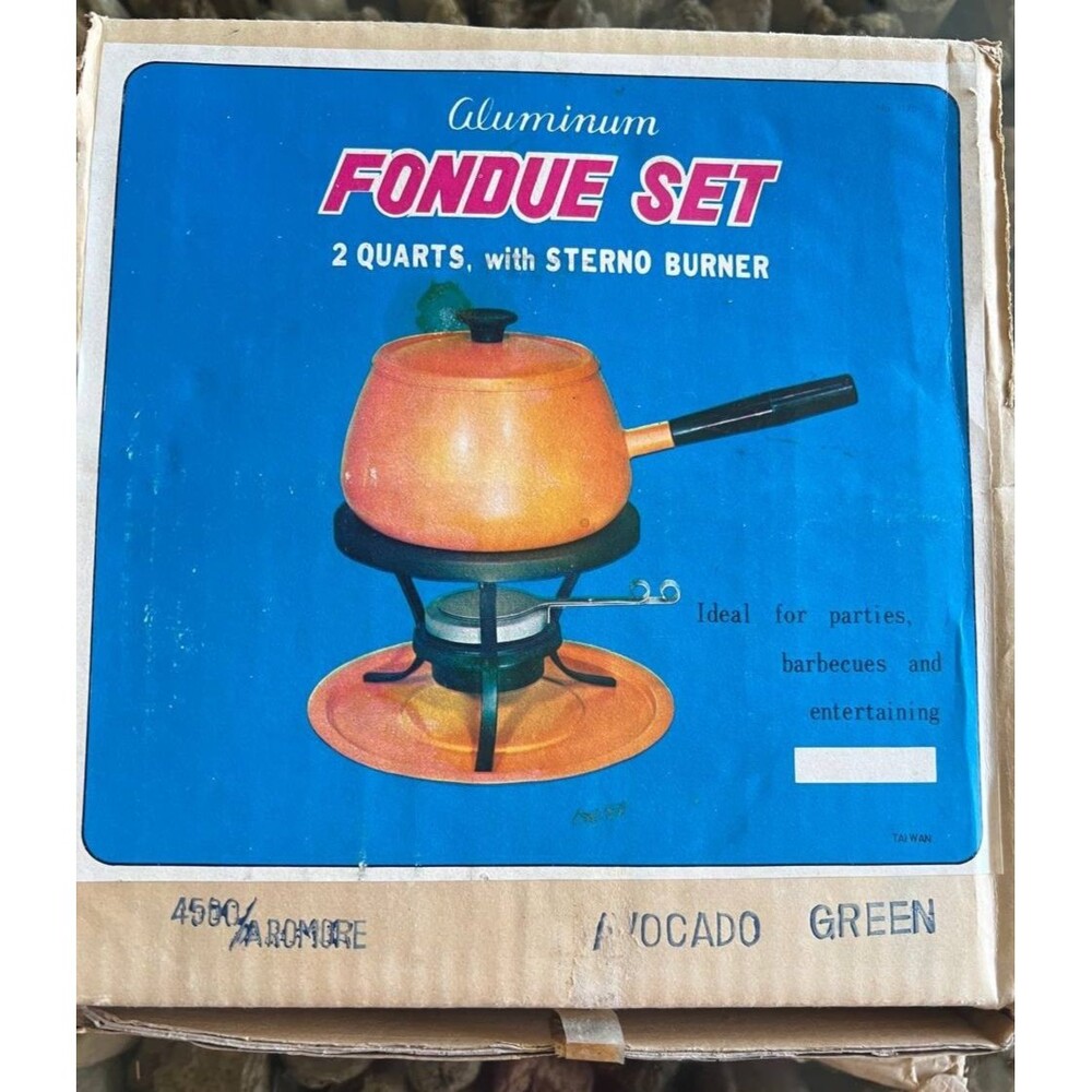 VTG ALUMINUM‎ Fondue Set 2 Quart w/ Sterno Burner Enamelware New W/box Green